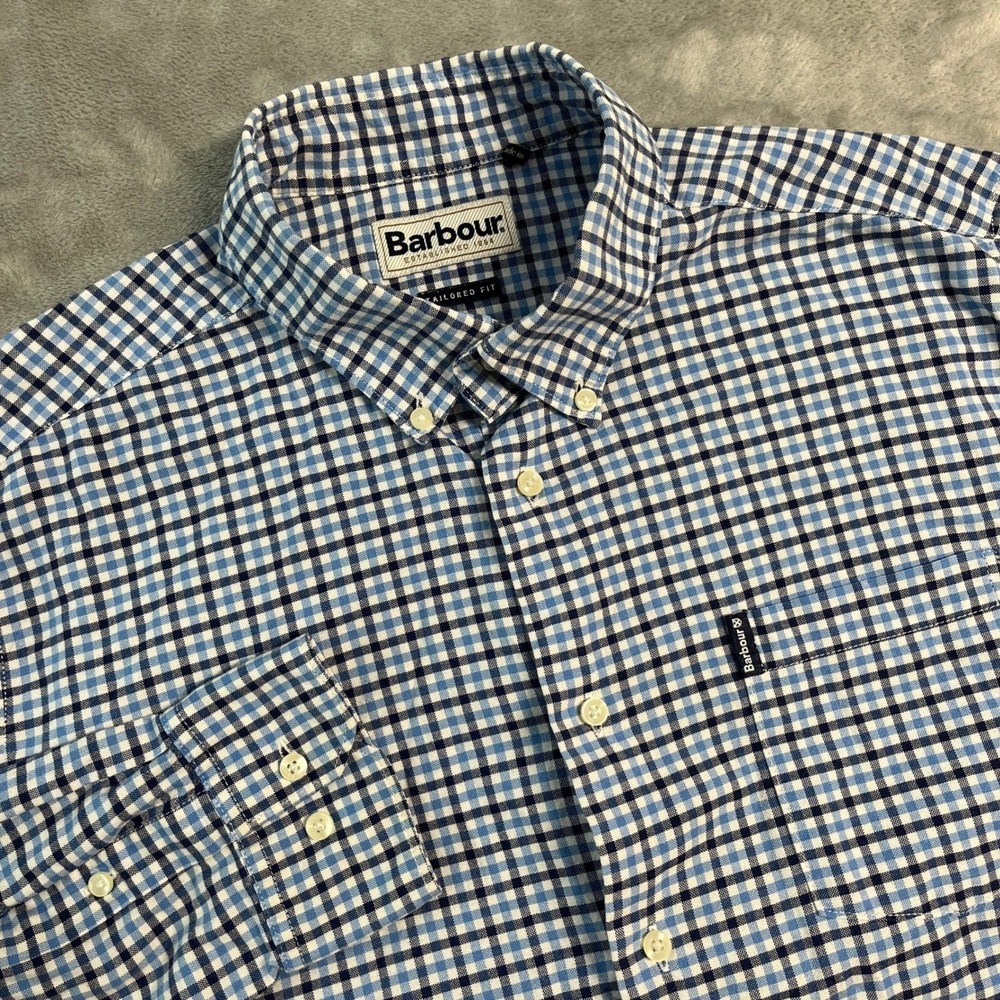 Barbour Gingham Check Tailored Fit Button Shirt Mens Medium Blue White Preppy